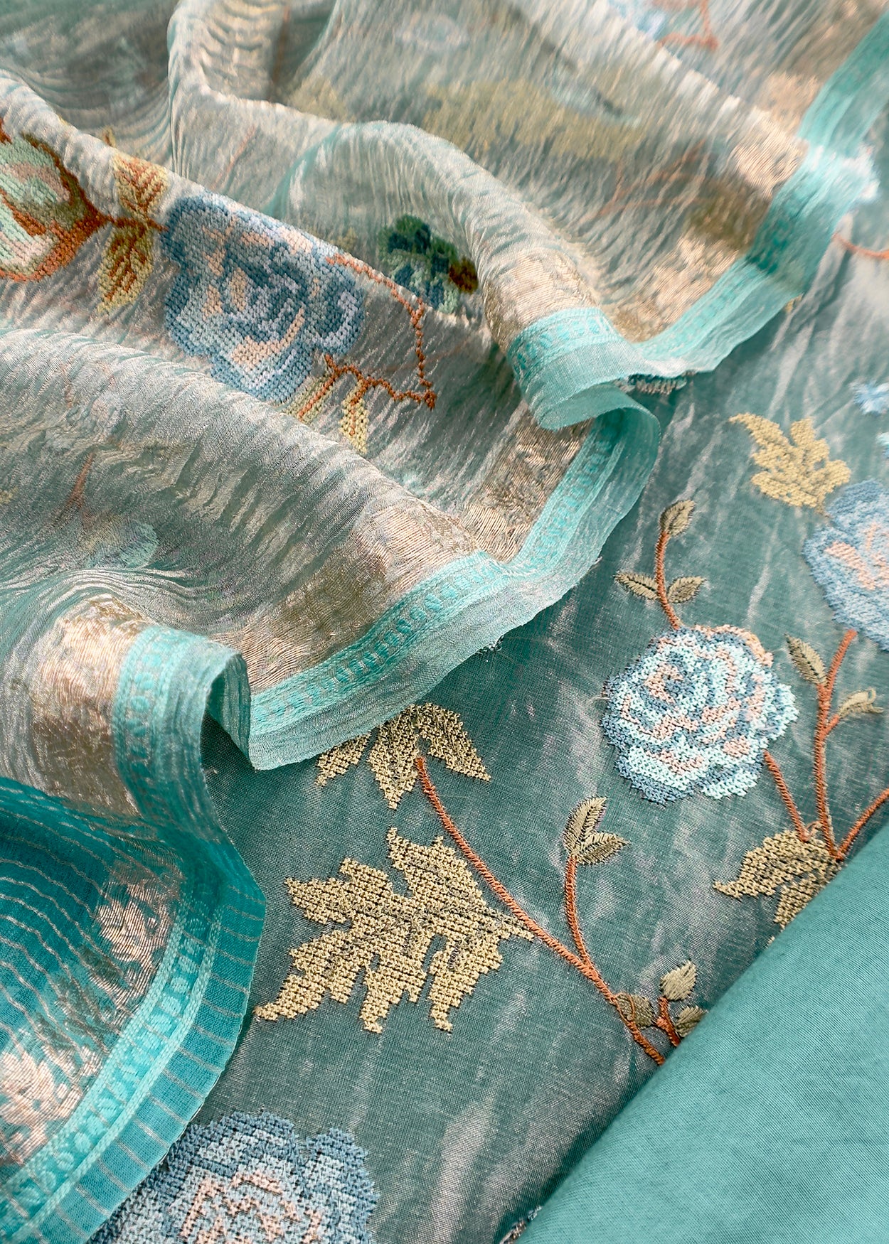 Turquoise Blue Handloom Tissue Silk With Cross Stitched Embroidery