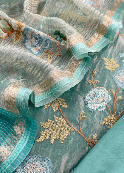 Turquoise Blue Handloom Tissue Silk With Cross Stitched Embroidery