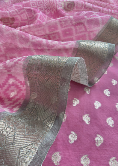 Pink Banarasi Silk Unstitched Suit With Khaddi Weaving