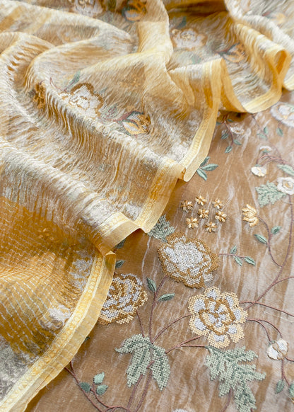 Golden Mustard Handloom Tissue Silk With Cross Stitched Embroidery