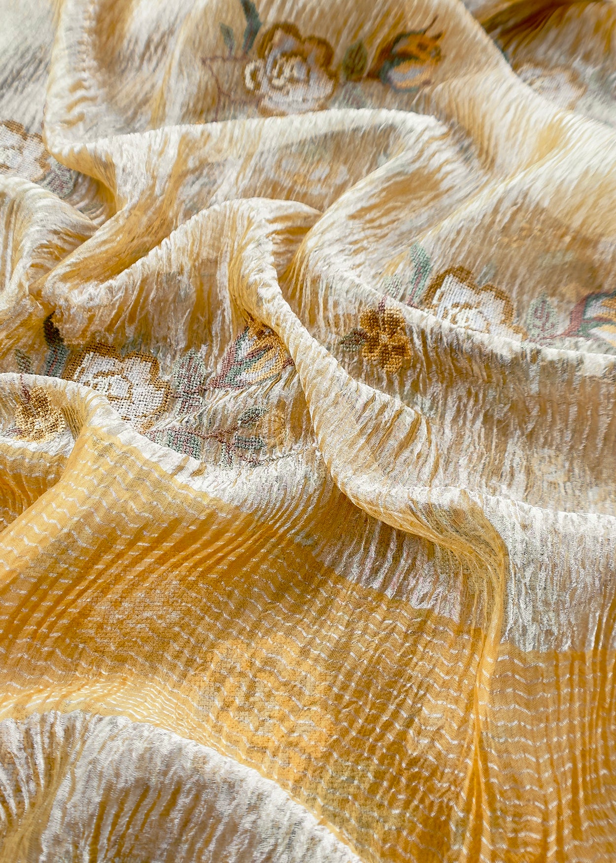 Golden Mustard Handloom Tissue Silk With Cross Stitched Embroidery