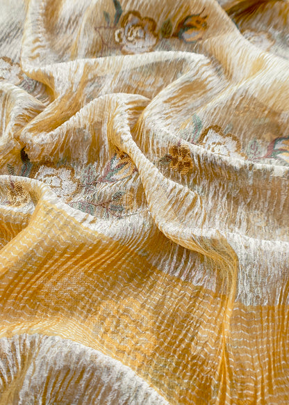 Golden Mustard Handloom Tissue Silk With Cross Stitched Embroidery
