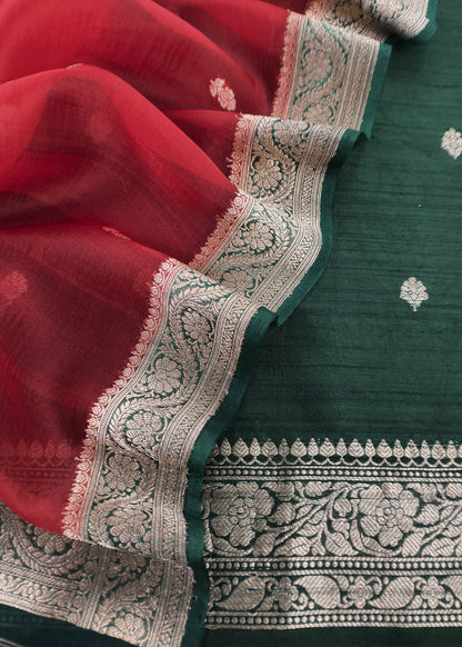 Green and Red Handloom Raw Silk Kurta and Kora Silk Dupatta with Gold Kadwa Weaving