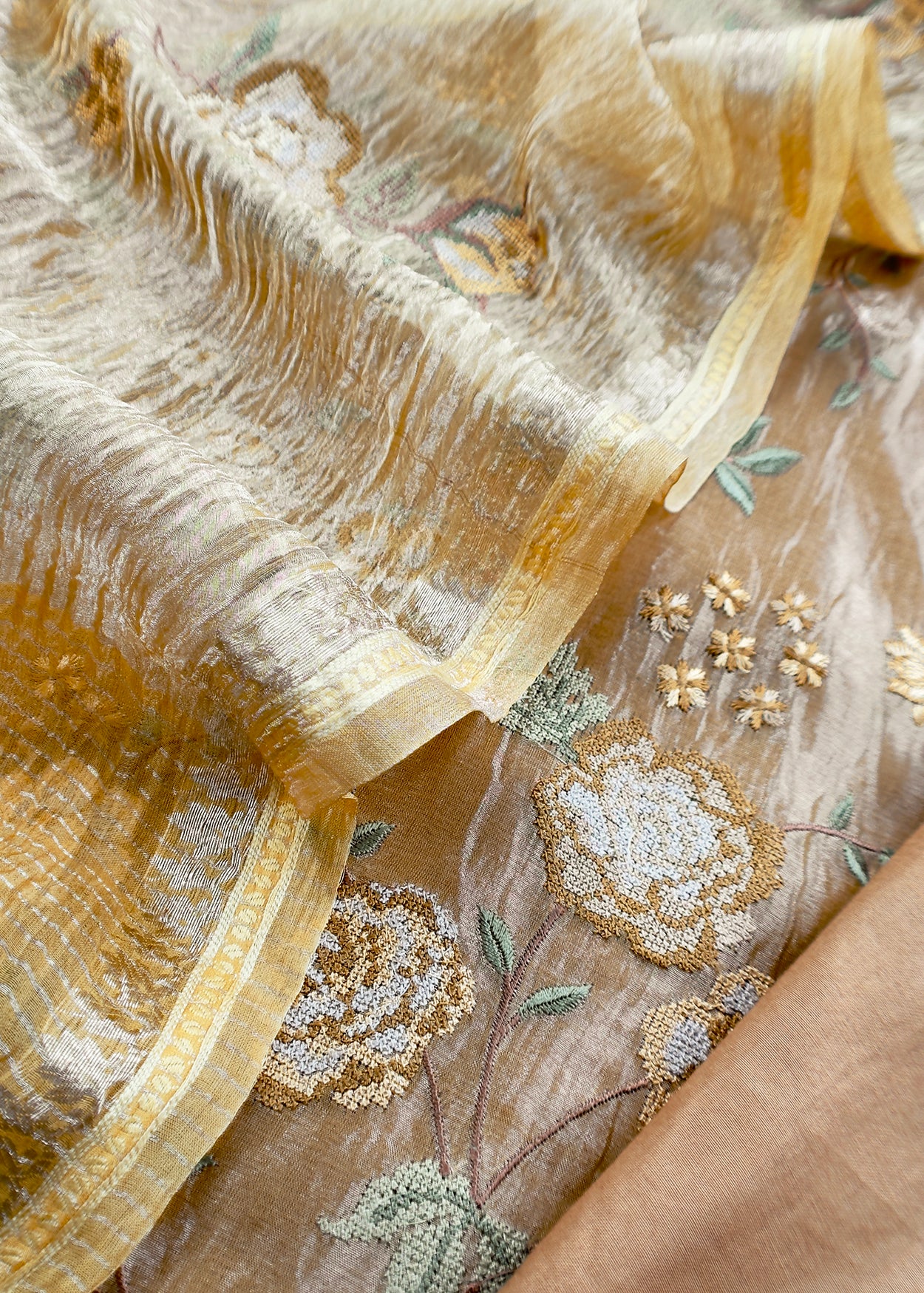 Golden Mustard Handloom Tissue Silk With Cross Stitched Embroidery