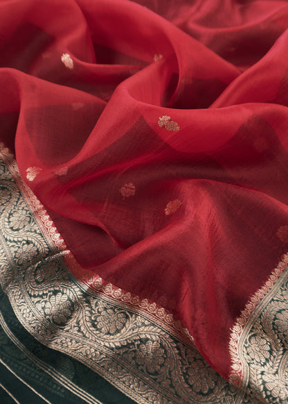 Green and Red Handloom Raw Silk Kurta and Kora Silk Dupatta with Gold Kadwa Weaving
