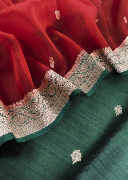 Green and Red Handloom Raw Silk Kurta and Kora Silk Dupatta with Gold Kadwa Weaving