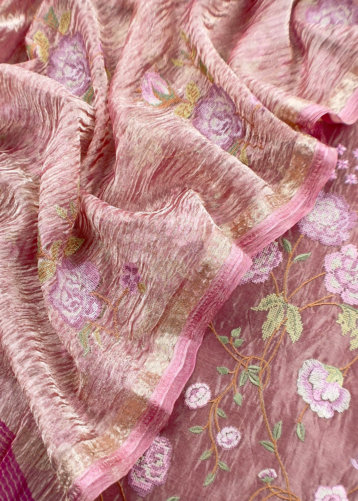 Rouge Pink Handloom Tissue Silk With Cross Stitched Embroidery