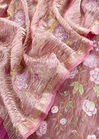 Rouge Pink Handloom Tissue Silk With Cross Stitched Embroidery