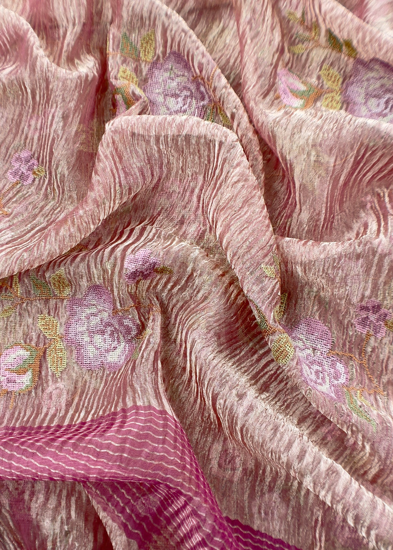 Rouge Pink Handloom Tissue Silk With Cross Stitched Embroidery