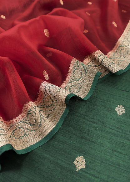 Green and Red Handloom Raw Silk Kurta and Kora Silk Dupatta with Gold Kadwa Weaving