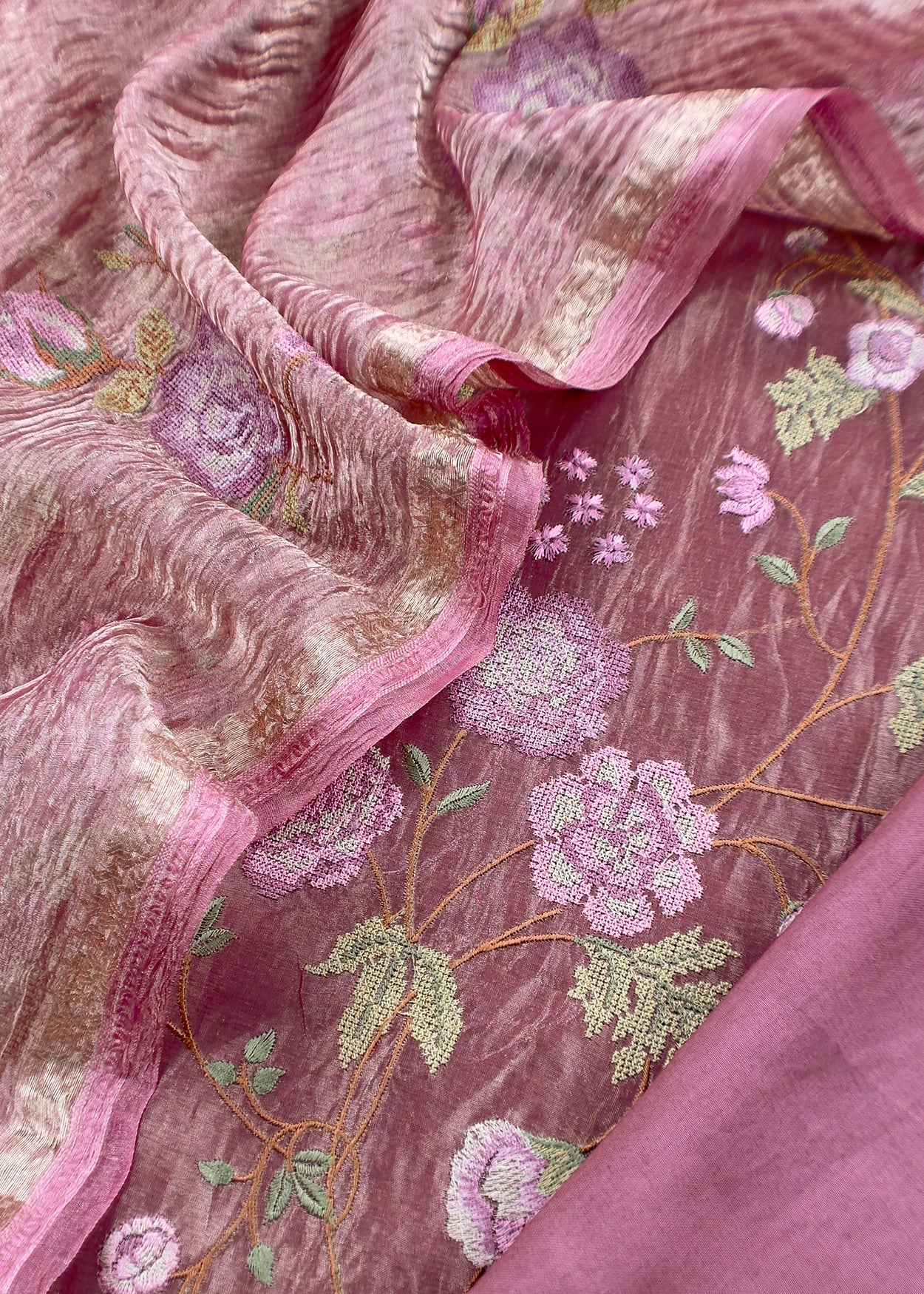 Rouge Pink Handloom Tissue Silk With Cross Stitched Embroidery