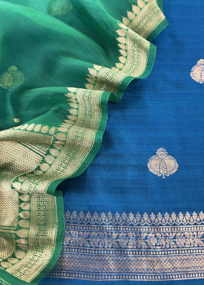 Blue And Green Handloom Raw Silk Suit With Kora Silk Dupatta