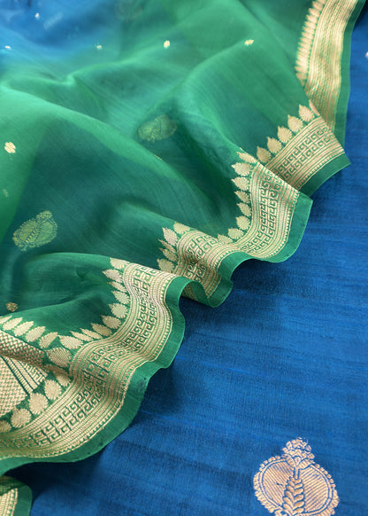 Blue And Green Handloom Raw Silk Suit With Kora Silk Dupatta