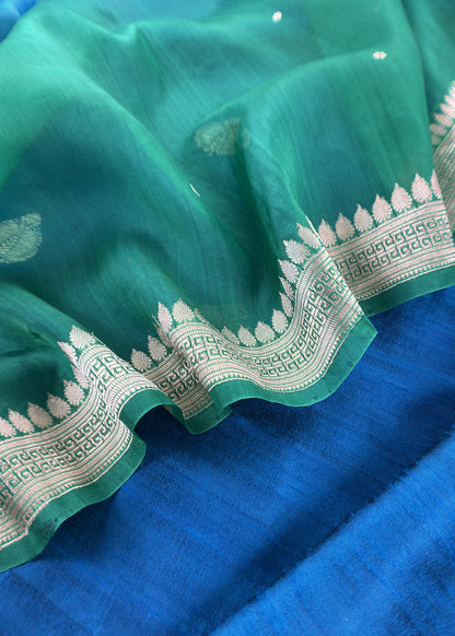 Blue And Green Handloom Raw Silk Suit With Kora Silk Dupatta