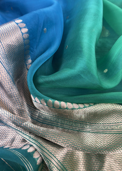 Blue And Green Handloom Raw Silk Suit With Kora Silk Dupatta