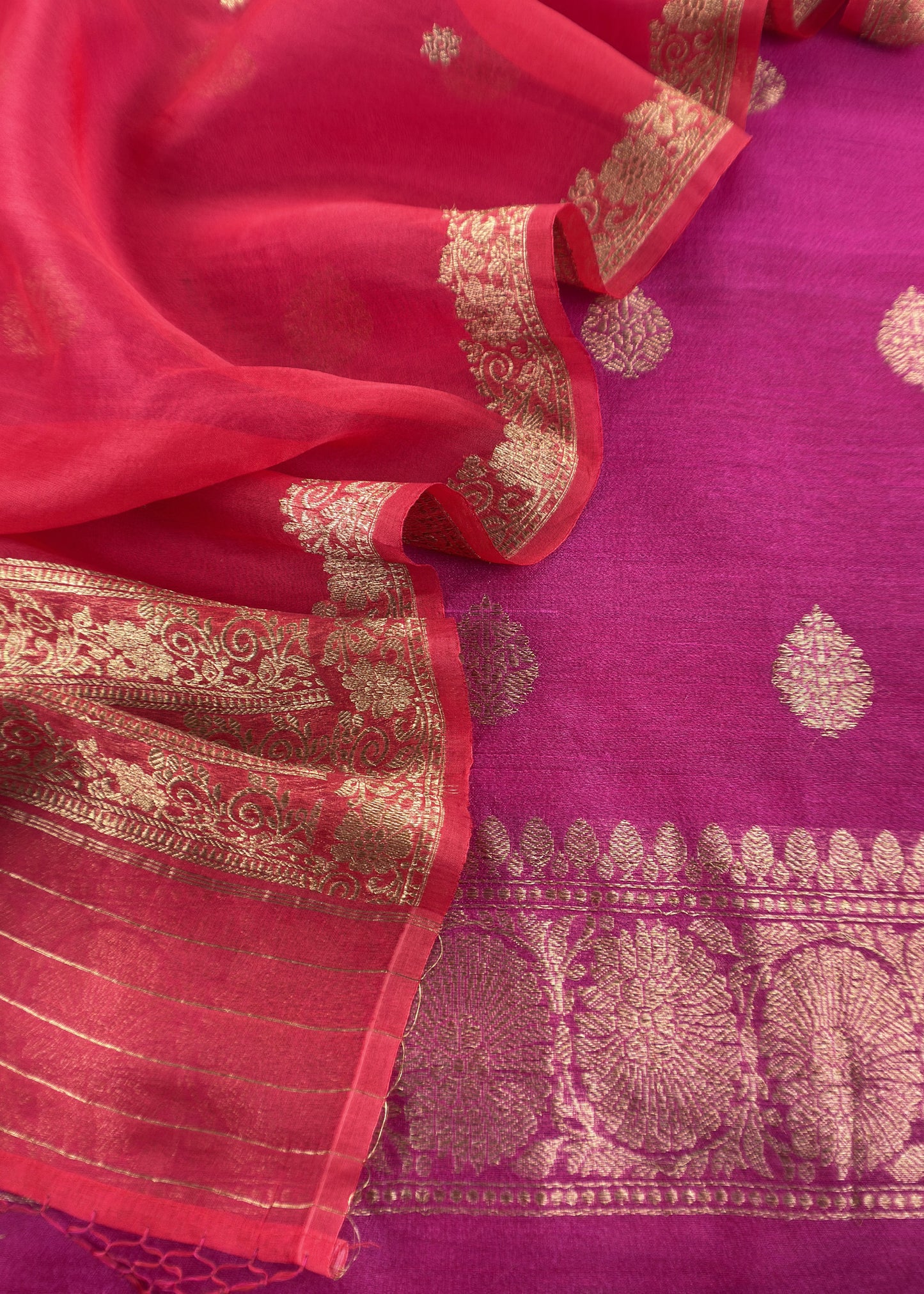 Pink And Red Handloom Raw Silk Suit With Kora Silk Dupatta