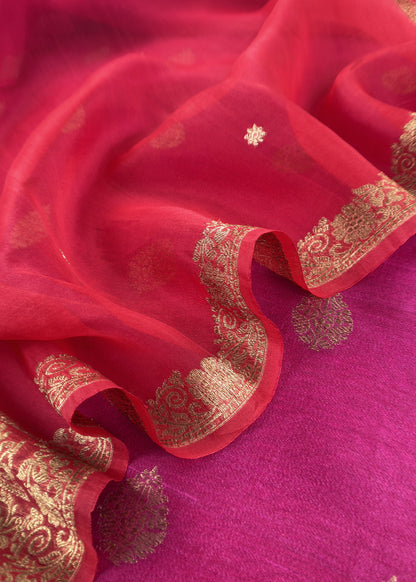Pink And Red Handloom Raw Silk Suit With Kora Silk Dupatta