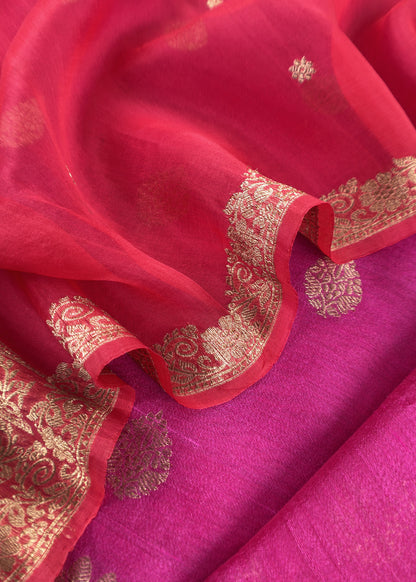 Pink And Red Handloom Raw Silk Suit With Kora Silk Dupatta