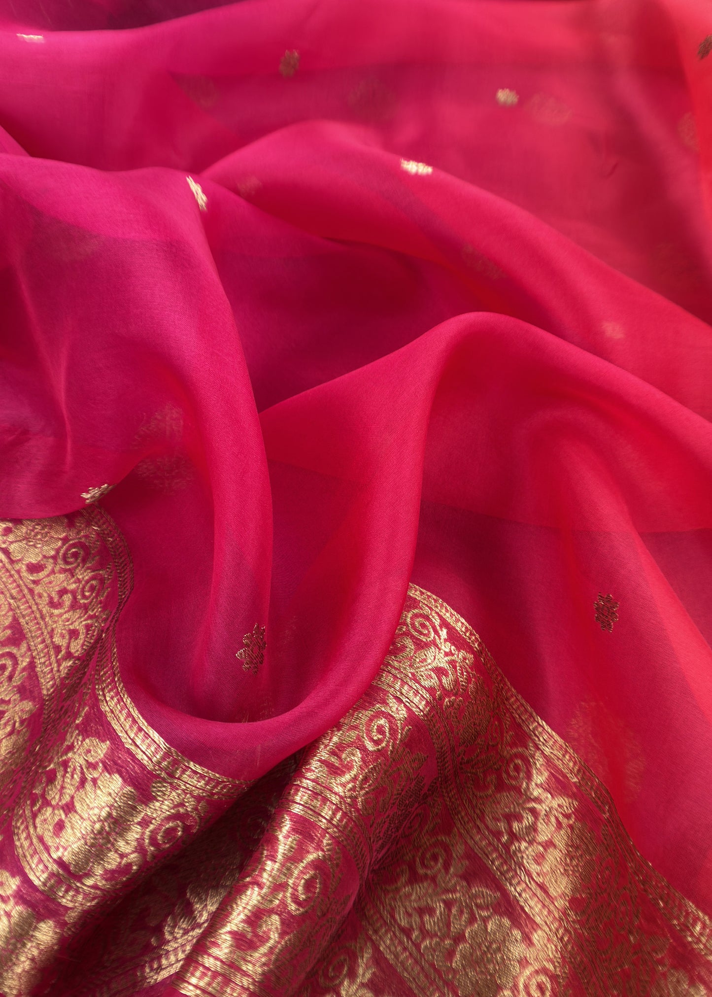 Pink And Red Handloom Raw Silk Suit With Kora Silk Dupatta