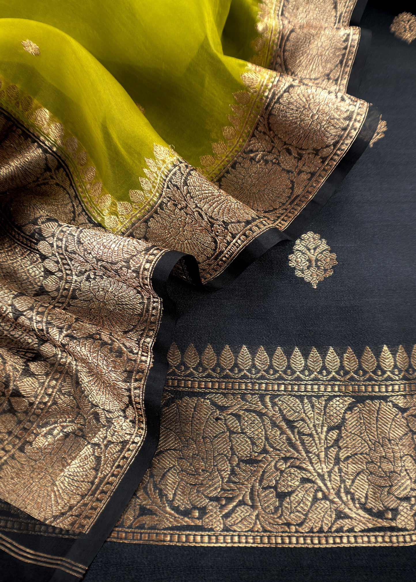 Black and Green Handloom Raw Silk Suit With Kora Silk Dupatta