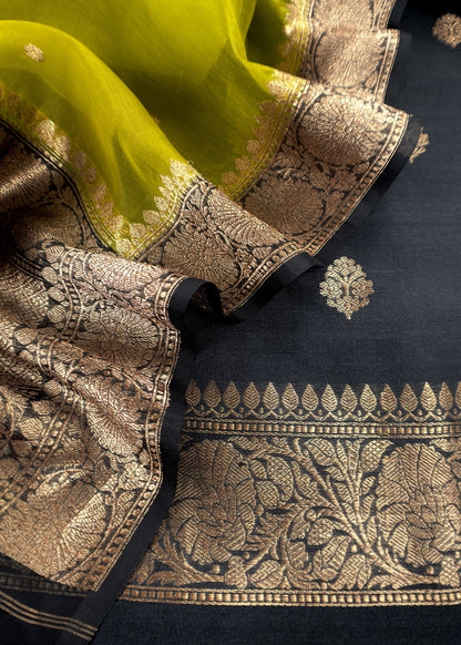 Black and Green Handloom Raw Silk Suit With Kora Silk Dupatta