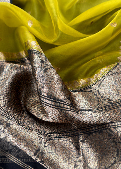 Black and Green Handloom Raw Silk Suit With Kora Silk Dupatta