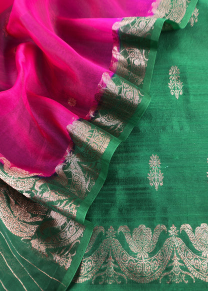 Green and Pink Handloom Raw Silk Suit With Kora Silk Dupatta