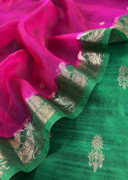 Green and Pink Handloom Raw Silk Suit With Kora Silk Dupatta