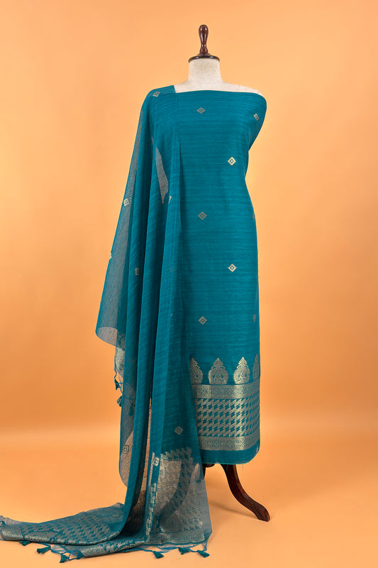 Turquoise Chanderi Unstitched Suit With Gold Zari Jamdani Weaving