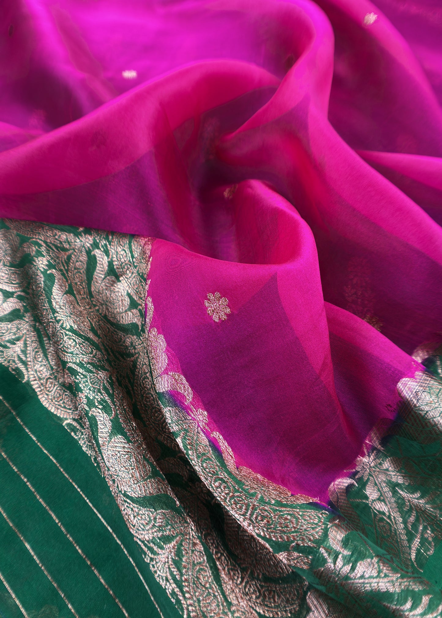 Green and Pink Handloom Raw Silk Suit With Kora Silk Dupatta