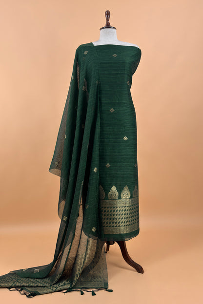 Green Chanderi Unstitched Suit With Gold Zari Jamdani Weaving