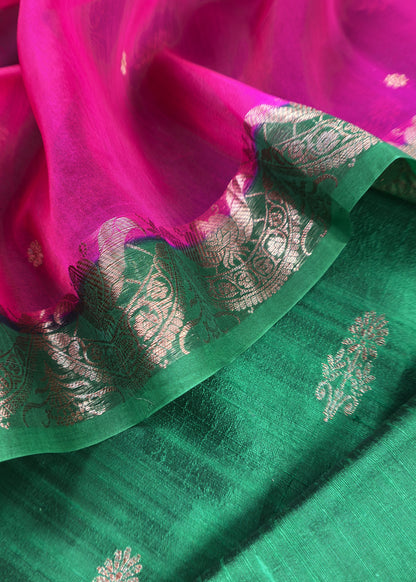 Green and Pink Handloom Raw Silk Suit With Kora Silk Dupatta