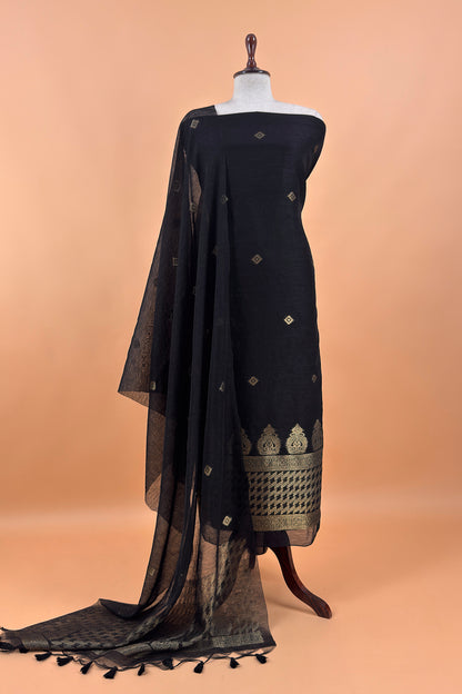 Black Chanderi Unstitched Suit With Gold Zari Jamdani Weaving
