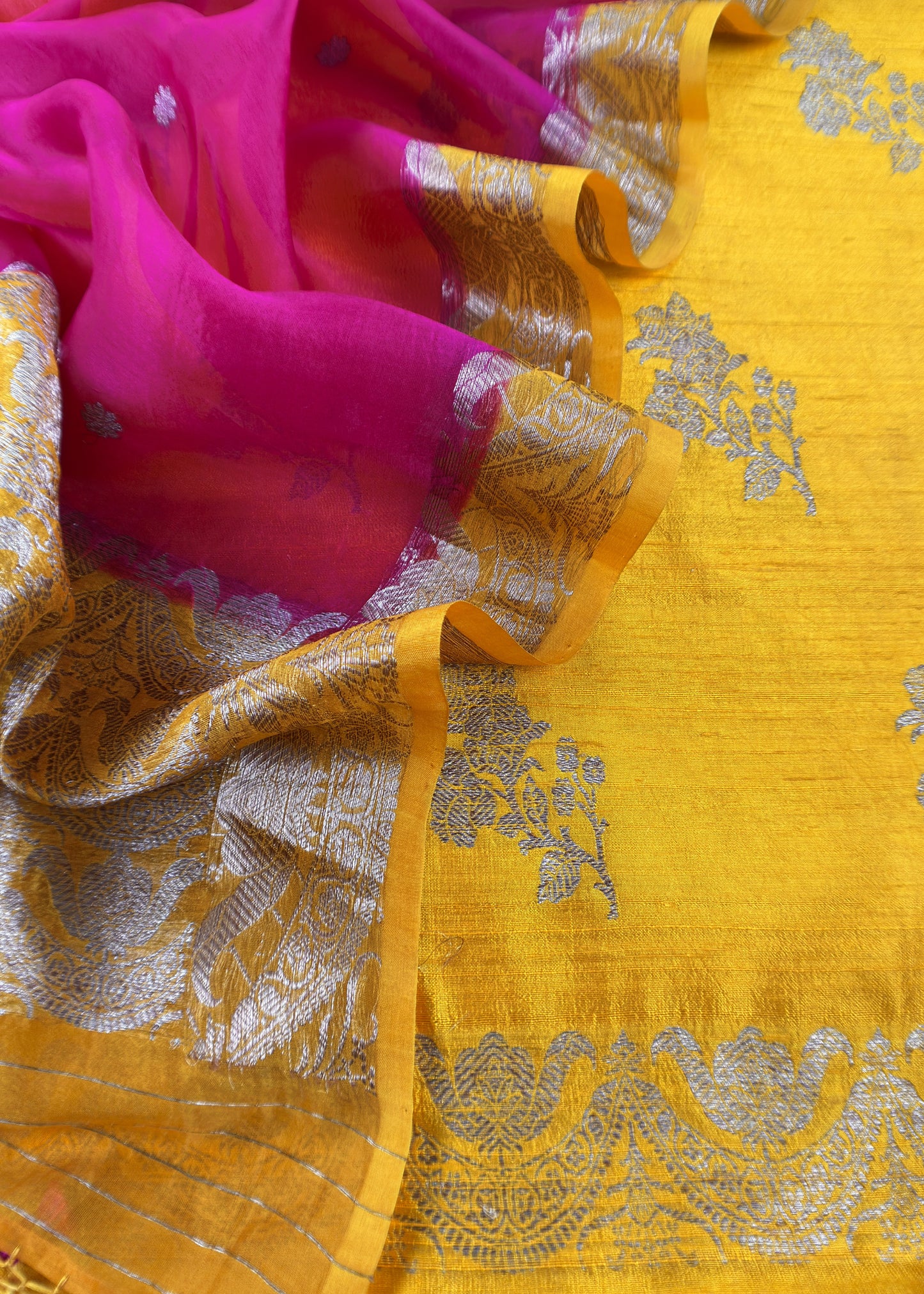 Yellow and Pink Handloom Raw Silk Suit With Kora Silk Dupatta