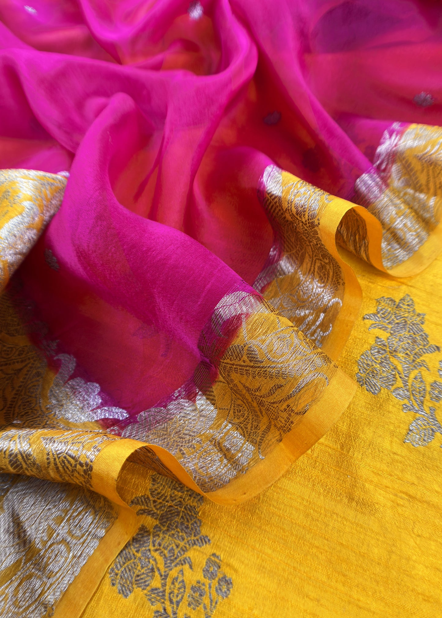 Yellow and Pink Handloom Raw Silk Suit With Kora Silk Dupatta