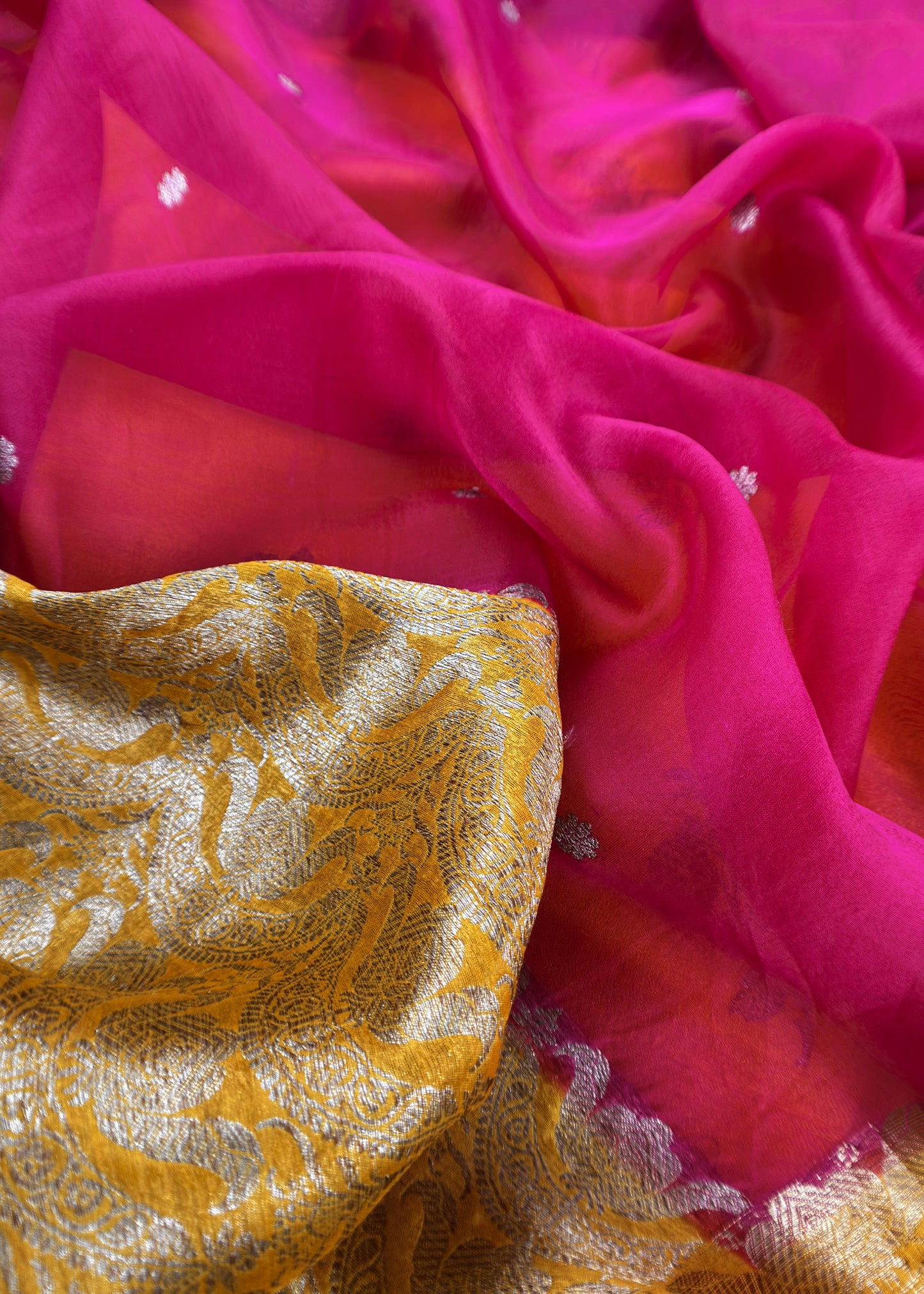 Yellow and Pink Handloom Raw Silk Suit With Kora Silk Dupatta