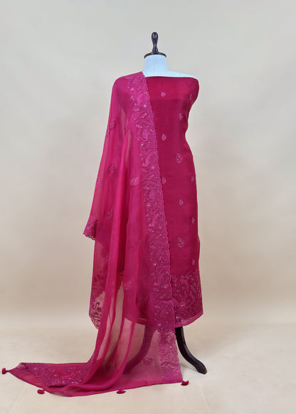 Classic Red Organza Silk Suit Fabric with Parsi Flamingo Embroidery