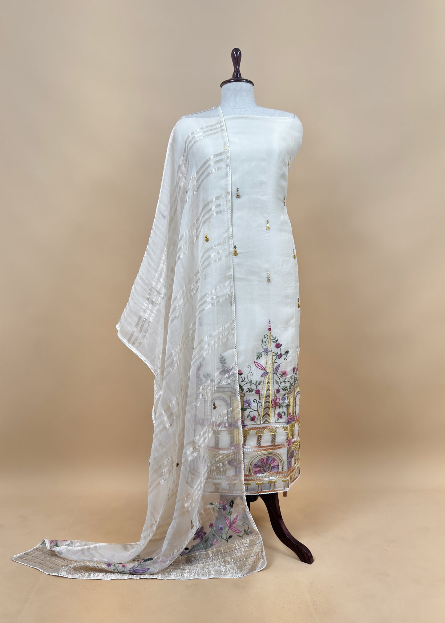 Juliet Luxe Ivory White Organza Silk Suit With Kantha And French knot Hand Embroidery