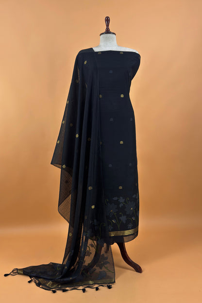 Black Chanderi Linen Suit With Jamdani Weaving