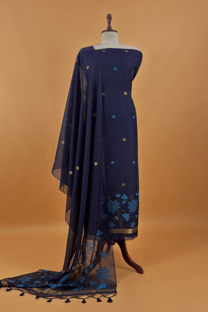 Blue Chanderi Linen Suit With Jamdani Weaving