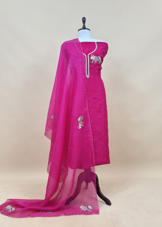 Pink Handloom Tissue silk Suit Fabric with Shikagarh Bull Handwork