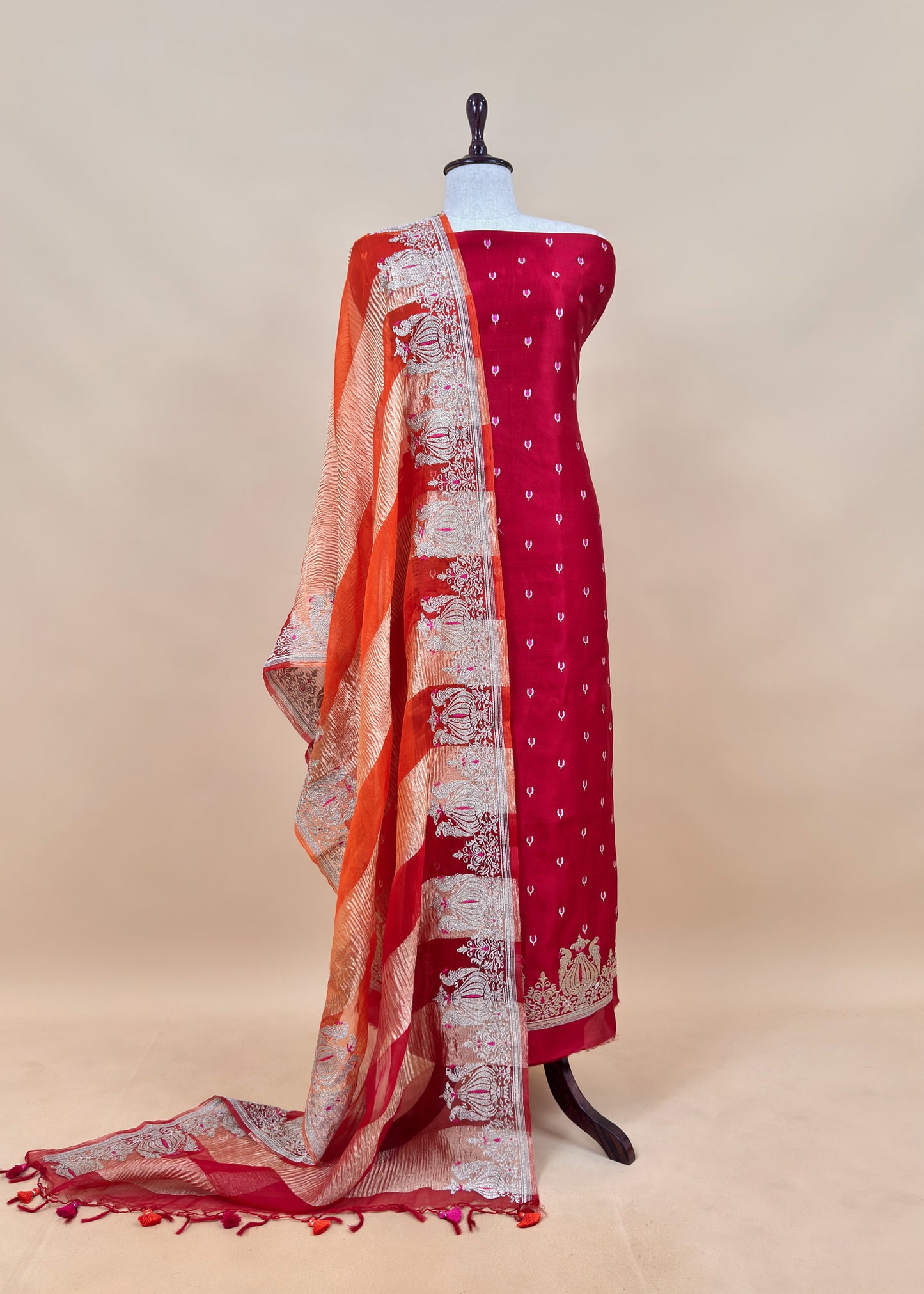 Royal Maroon Tyohar luxe Mor Pure Kora Silk Kurta With Double Panel Crushed Tissue Dupatta