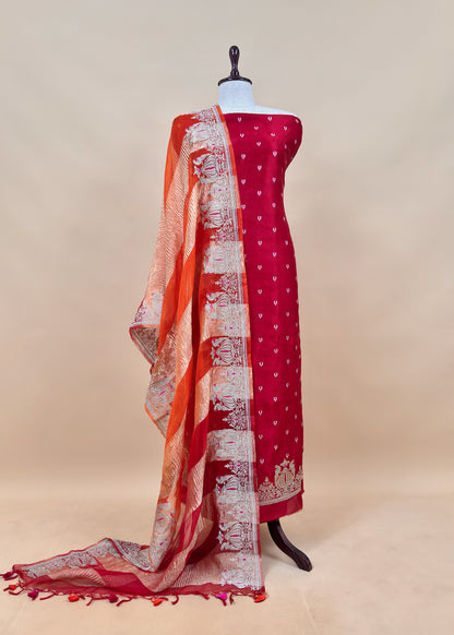 Royal Maroon Tyohar luxe Mor Pure Kora Silk Kurta With Double Panel Crushed Tissue Dupatta
