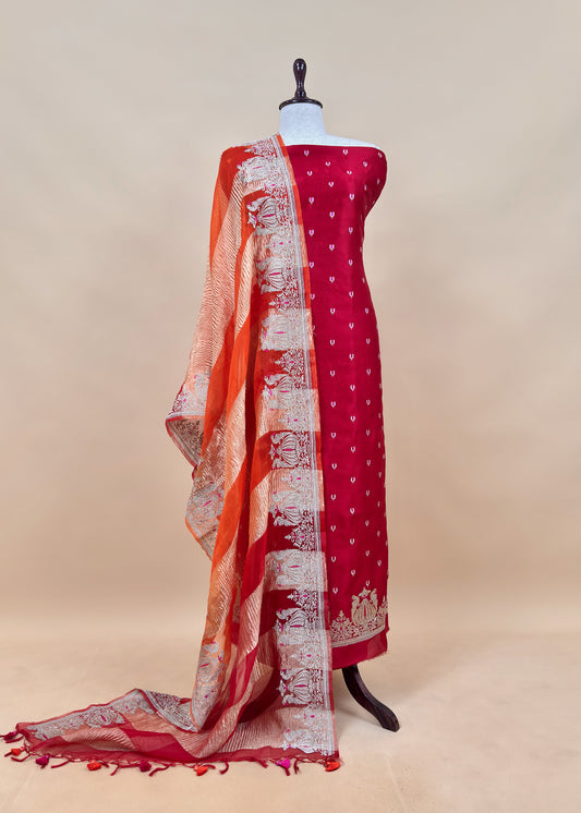 Royal Maroon Tyohar luxe Mor Pure Kora Silk Kurta With Double Panel Crushed Tissue Dupatta