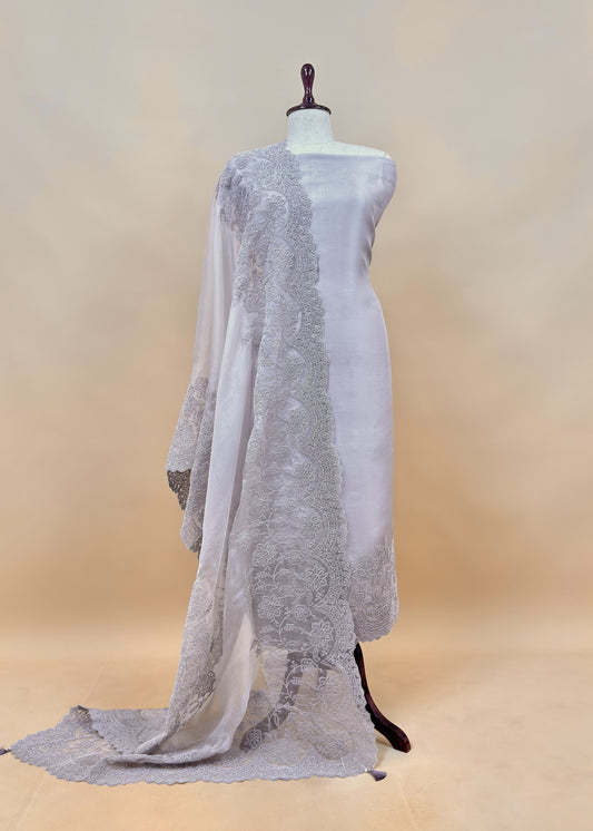 Grey Kalasheel Luxe  Handloom Organza Suit With Garden French Embroidery