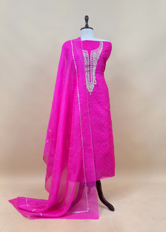 Vibrant Pink Kora Silk Suit Fabric With Dori And Dabka Hand Work