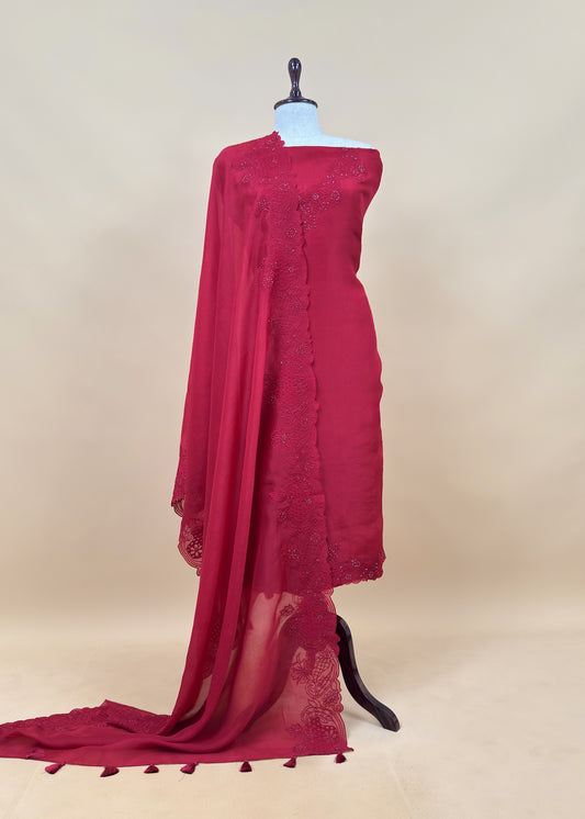 Classic Red Pure Organza Silk Suit fabric with Parsi Embroidery and Handwork
