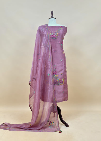Salmon Pink Pure Organza Silk Suit Fabric With French Knot And Kantha Handwork