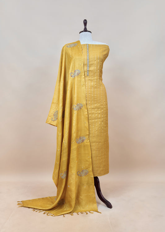 Marigold yellow Handloom desi Tussar suit with handwork