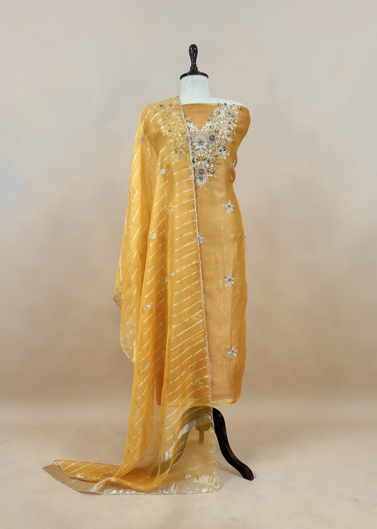 Kalasheel Luxe Honey Yellow Pure Crushed Tissue Kurta And Organza Dupatta With Zardosi And Dabka Handwork
